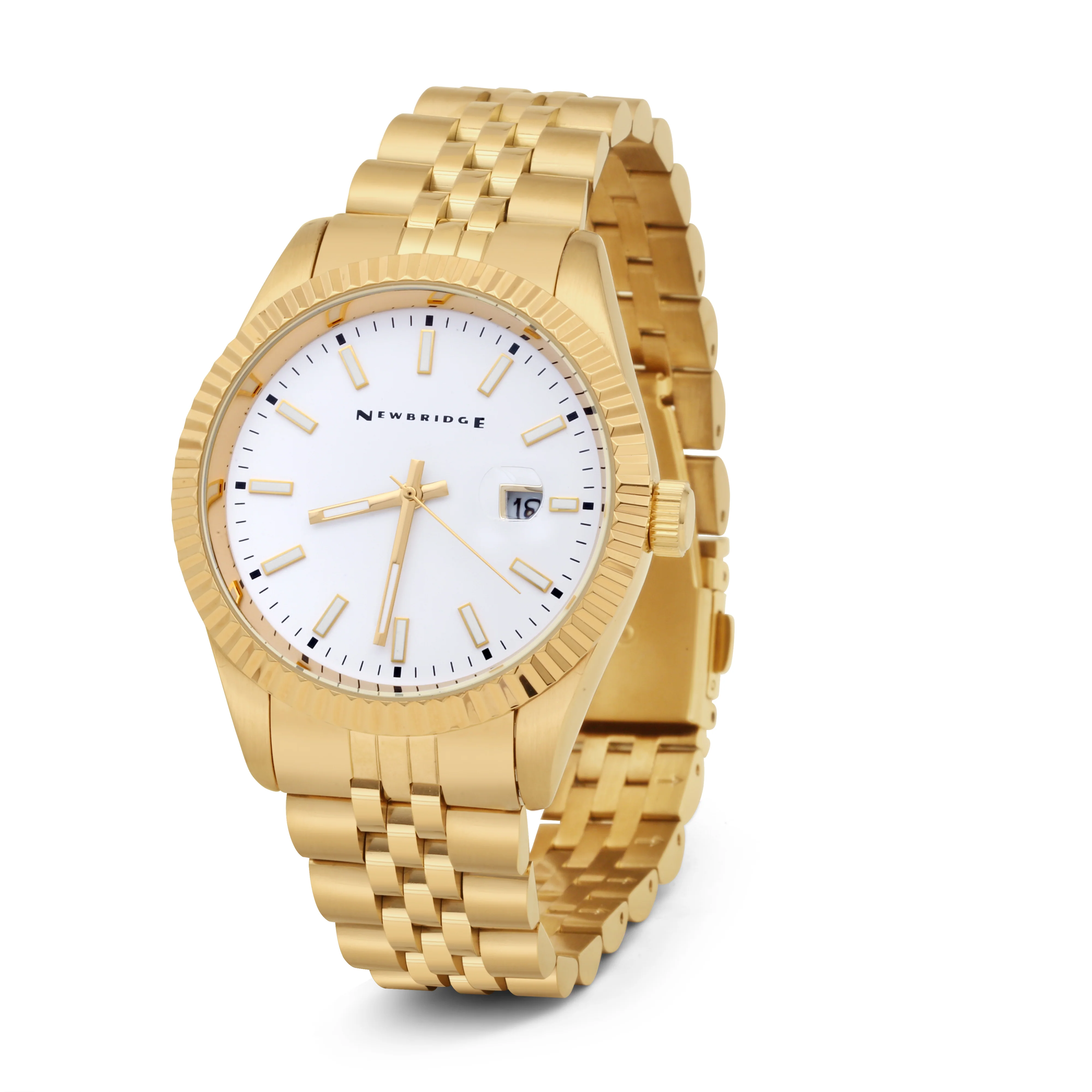Gents Gold Plated White Dial Steel Bracelet Watch