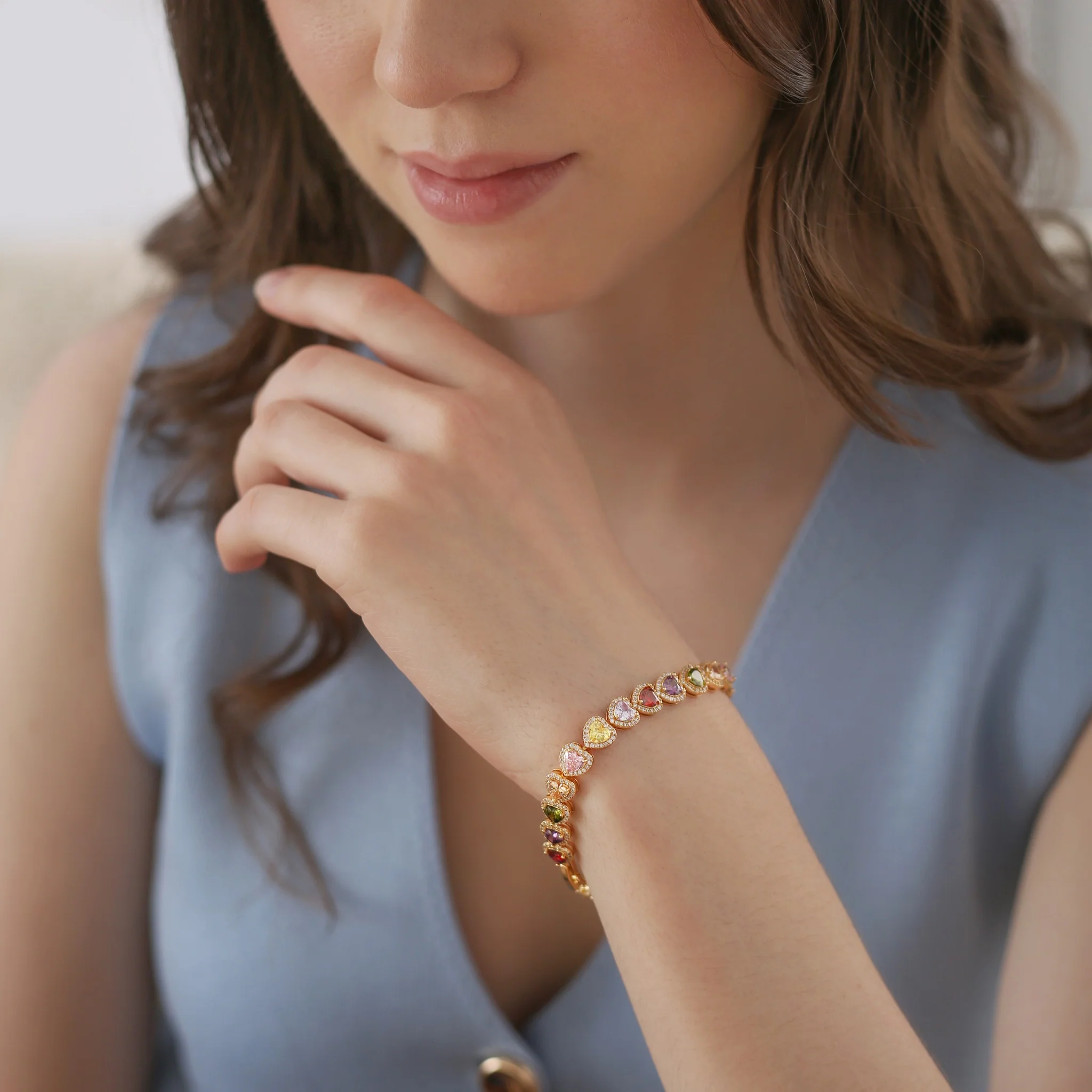 Gold Plated Heart Coloured CZ Bracelet - Image 2