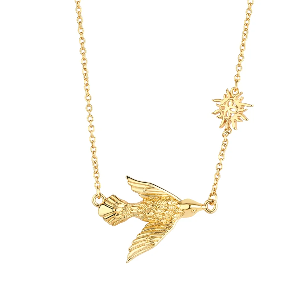 Gold Plated Necklace with Bird and Sun Charm