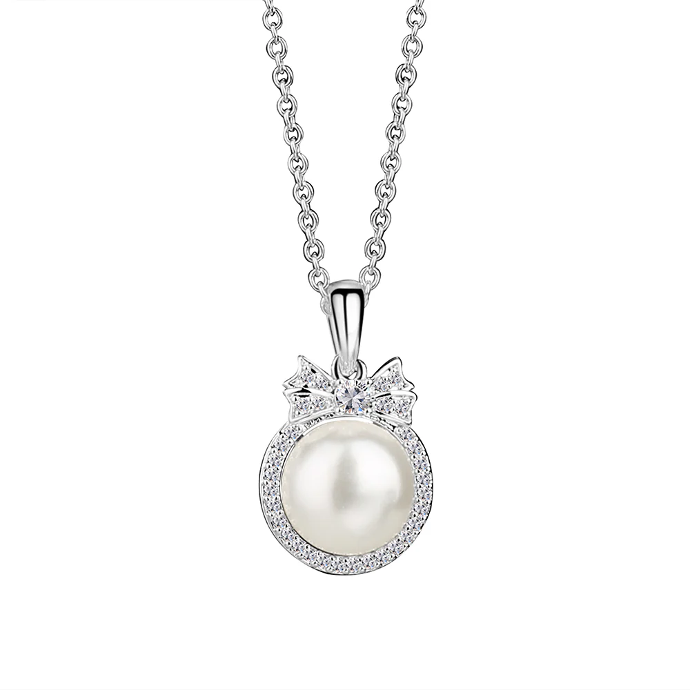 Silver Plated Pearl Pendant with Clear Stones