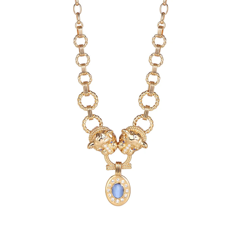 Tigers Head Necklace with Blue Stones